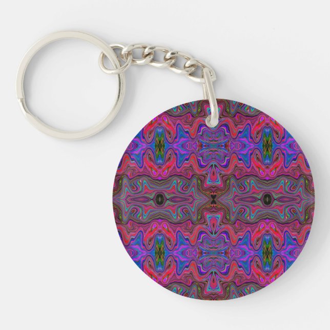 Wavy Blue and Rainbow Red Trippy Pattern Key Ring (Front)