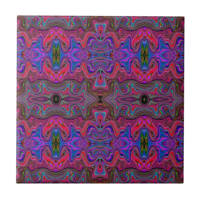 Wavy Blue and Rainbow Red Trippy Pattern Tile (Front)