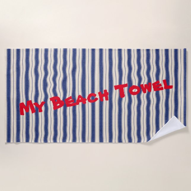 Wavy Blue and White Stripes Beach Towel (Front)
