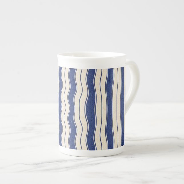 Wavy Blue and White Stripes Bone China Mug (Front Right)