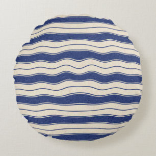Wavy Blue and White Stripes Round Cushion