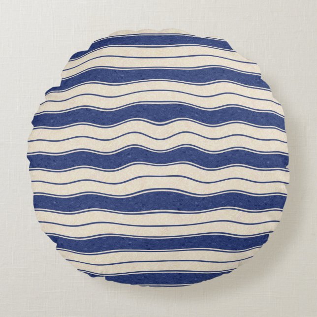 Wavy Blue and White Stripes Round Cushion (Front)