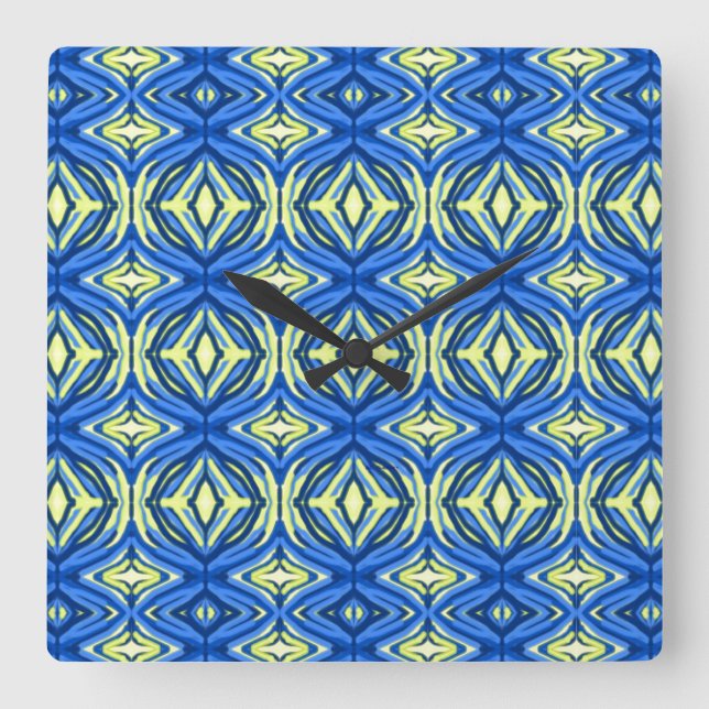 Wavy Blue and Yellow Kaleidoscope Square Wall Clock (Front)