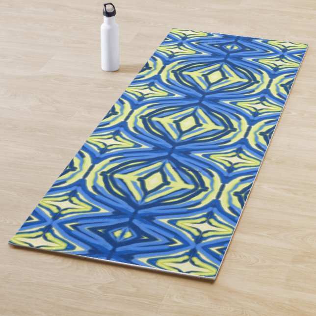 Wavy Blue and Yellow Kaleidoscope Yoga Mat (In Situ)