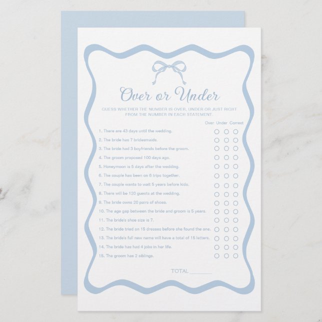 Wavy Blue Bow Bridal Shower Over Under Game (Front/Back)