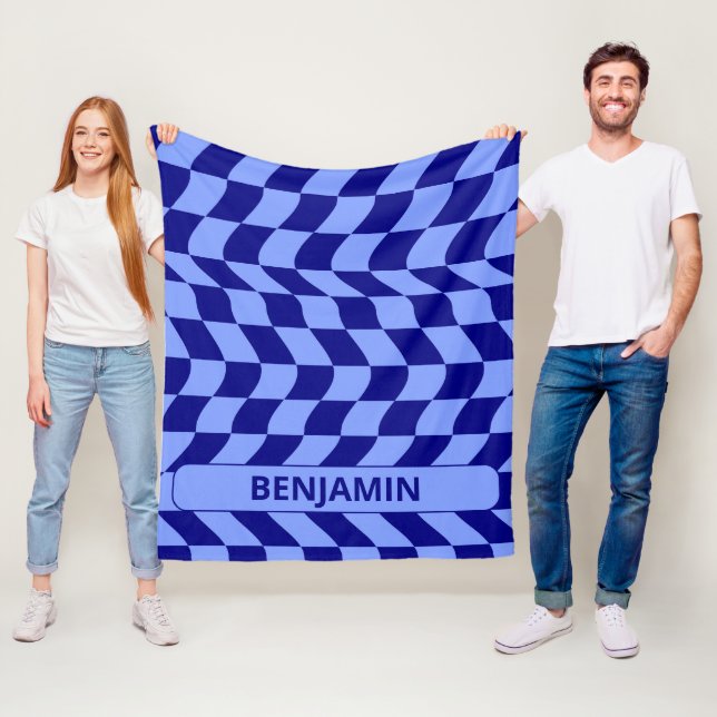 Wavy blue chequered pattern with custom name fleece blanket (In Situ)