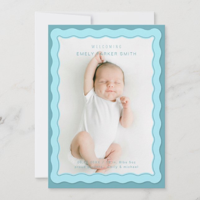 Wavy Blue Double Border Cute Design Announcement (Front)