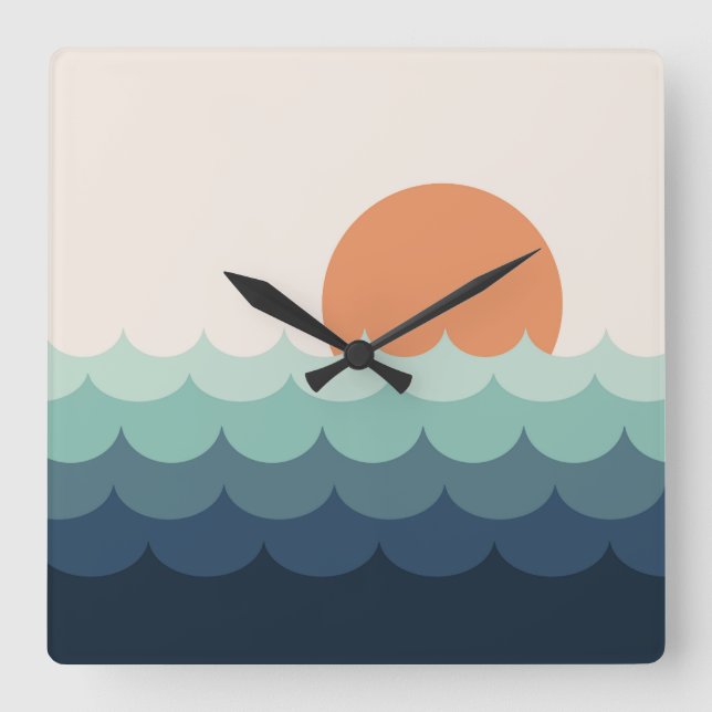 Wavy blue ocean at sunset square wall clock (Front)