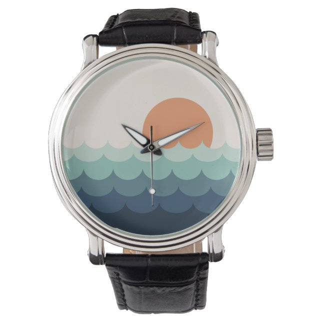 Wavy blue ocean at sunset watch (Front)