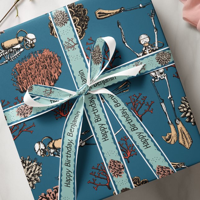 Wavy Blue Ocean & Deep Sea Red Corals Grosgrain Ribbon (Dive into gift-giving with our captivating 'Wavy Blue Ocean & Deep Sea Red Corals' Grosgrain Ribbon!)