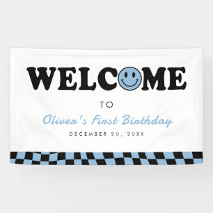Wavy Blue Preppy Smile Boy 1st Birthday Welcome Banner