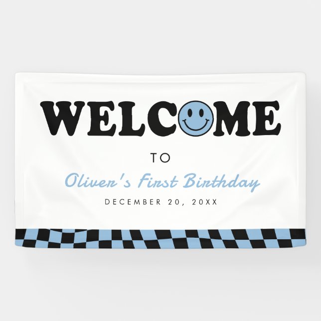 Wavy Blue Preppy Smile Boy 1st Birthday Welcome Banner (Horizontal)