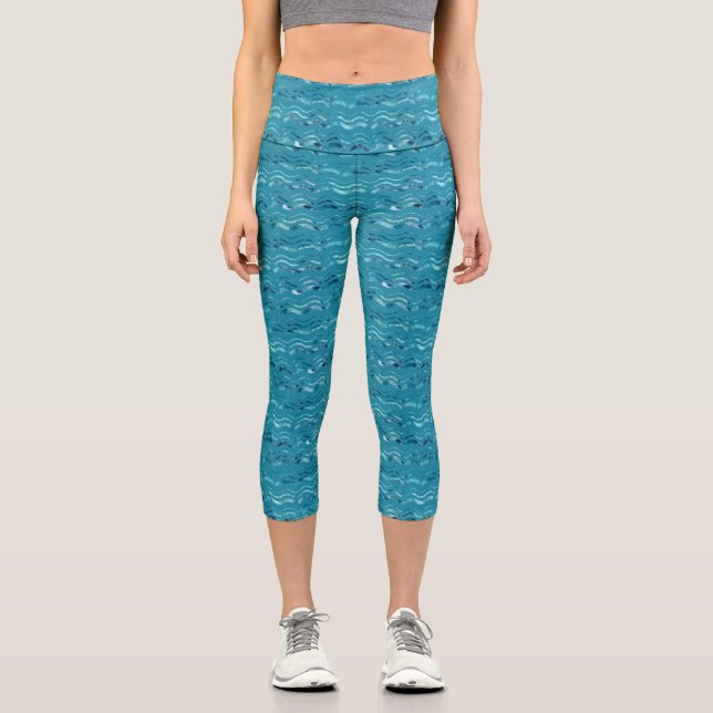 Wavy Blue Sea Pattern Capri Leggings (Front)