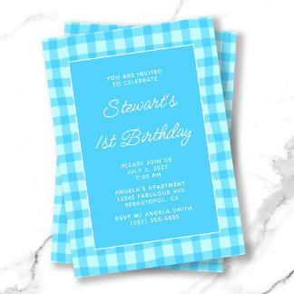 Wavy Blue Summer Gingham Bold 1st Birthday Invitation