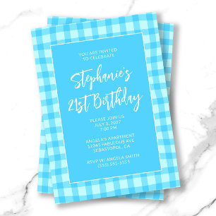 Wavy Blue Summer Gingham Bold 21st Birthday Invitation