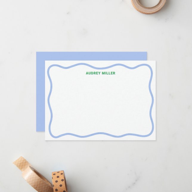 Wavy Border Blue Green Personalised Flat Card (Front/Back In Situ)