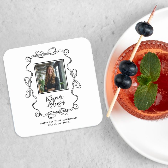 Wavy Border Bow Black Photo Graduation Party Square Paper Coaster (Creator Uploaded)