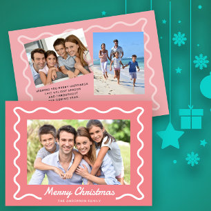 Wavy Border Merry Christmas 3 Photos Pink Holiday Card