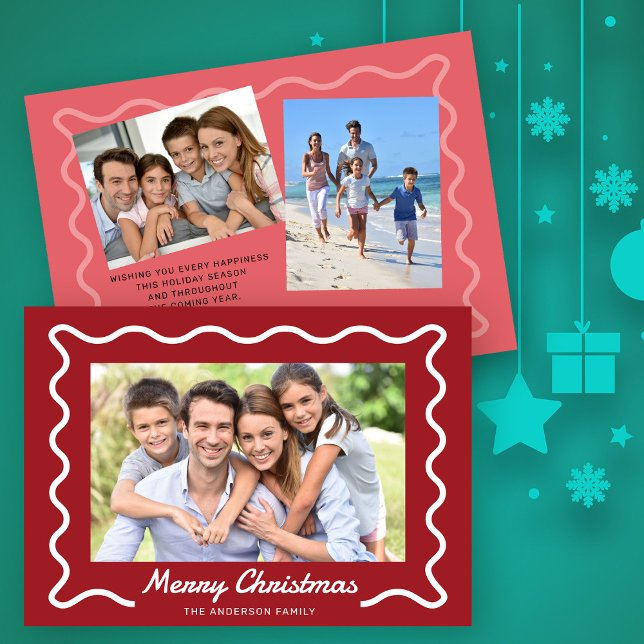 Wavy Border Merry Christmas 3 Photos Red Holiday Card (Creator Uploaded)