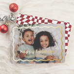 Wavy Border Modern Retro Christmas Photo Foil Holiday Card<br><div class="desc">Give your Christmas cards a sparkle with real gold, silver, or rose gold foil! This holiday foil card features your favourite photo framed by a bold, wavy real foil border. Foil-pressed “Happy holidays” is written in playful typography, with your family name below in cute script. The back showcases a fun,...</div>