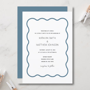 Wavy Border Modern Retro Dusty Blue Wedding  Invitation