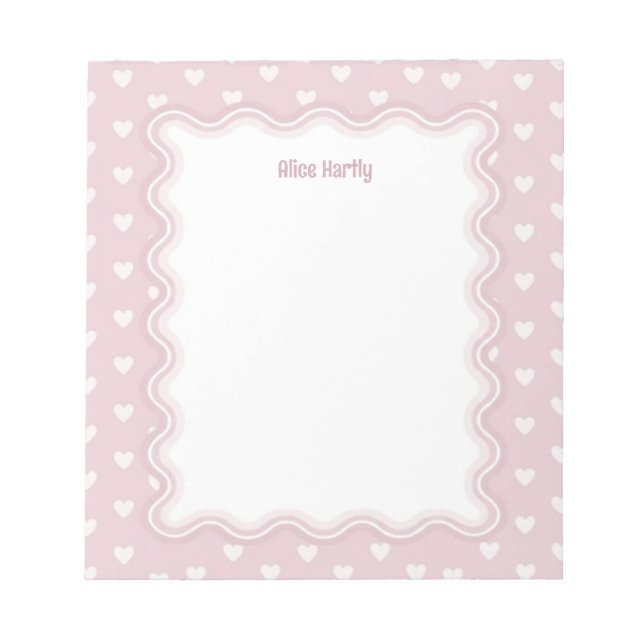Wavy Border Pastel Pink Love Heart Personalized Notepad (Front)