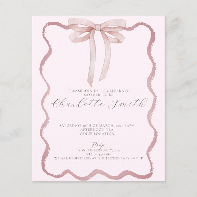 Wavy Border Pink Bow Girl Baby Shower Invitation (Front)