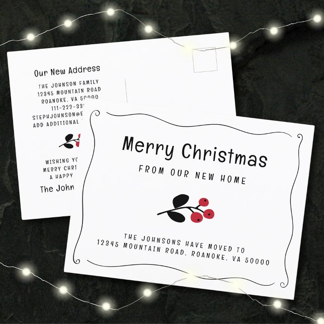 Wavy Border Red Berries Holiday Moving Announcement Postcard (Zazzle Wavy Border Red Berries Holiday Moving Announcement Postcard)