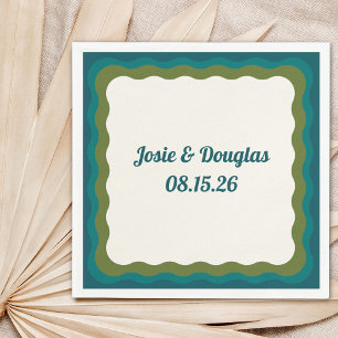 Wavy Border Retro 70s Vintage Aesthetic Wedding Napkin