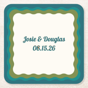Wavy Border Retro 70s Vintage Aesthetic Wedding Square Paper Coaster