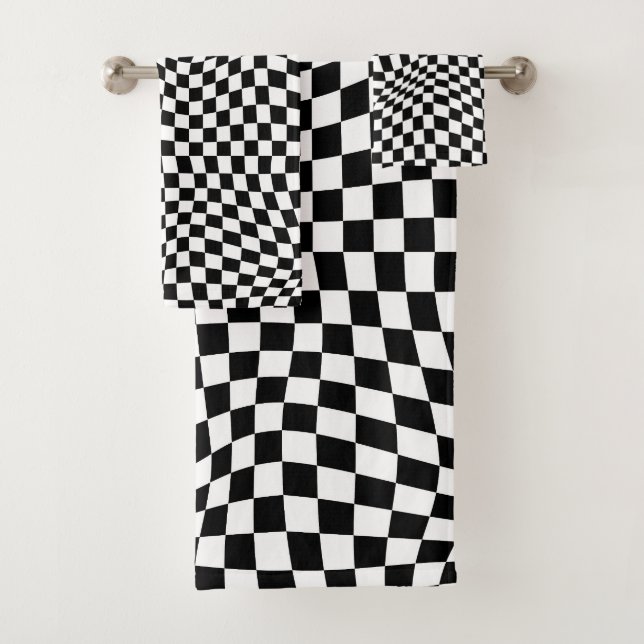 Wavy Chequered Black White Chequerboard Bath Towel Set (Insitu)