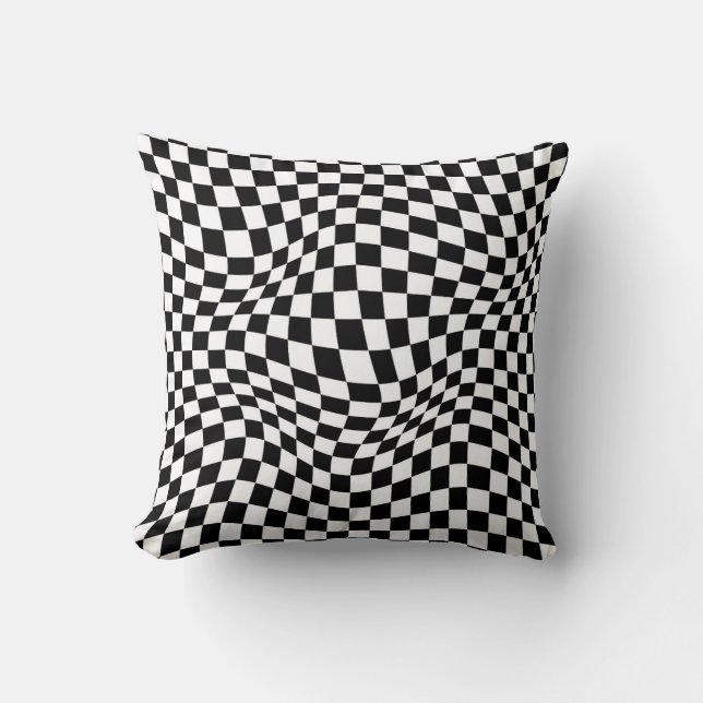Wavy Chequered Black White Chequerboard Cushion (Front)