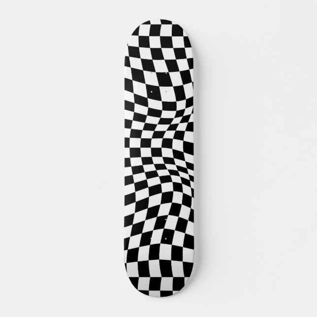 Wavy Chequered Black White Chequerboard Skateboard (Front)