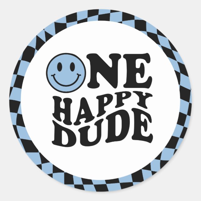 Wavy Chequered Blue Preppy Smile One Happy Dude Classic Round Sticker (Front)