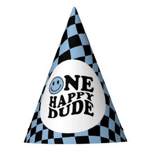 Wavy Chequered Blue Smile Face One Happy Dude Party Hat