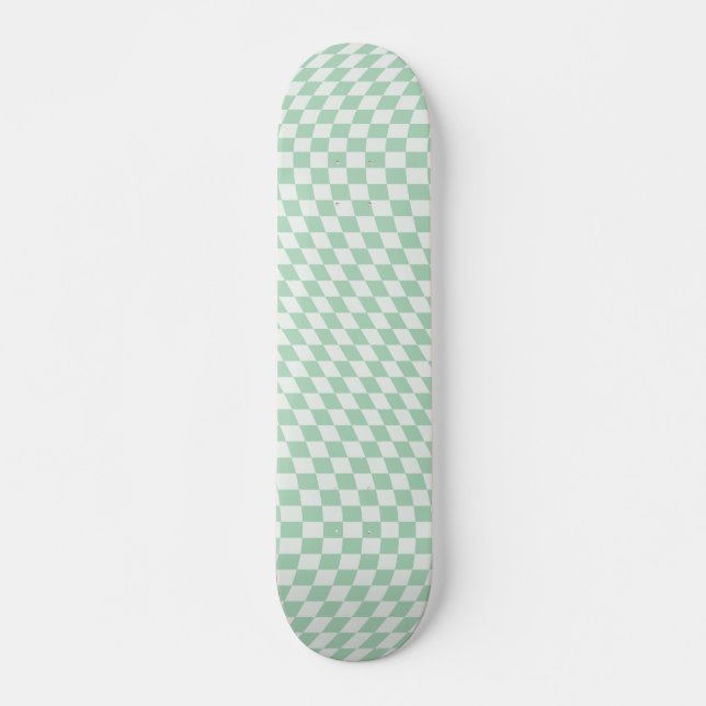 Wavy Chequered Pastel Green Chequerboard Pattern Skateboard (Front)