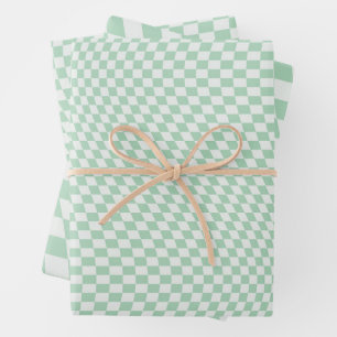 Wavy Chequered Pastel Green Chequerboard Pattern Wrapping Paper Sheet