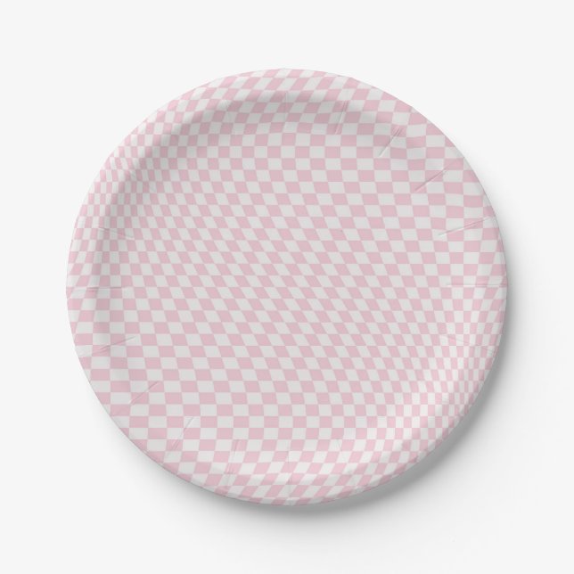 Wavy Chequered Pastel Pink Chequerboard Pattern Paper Plate (Front)