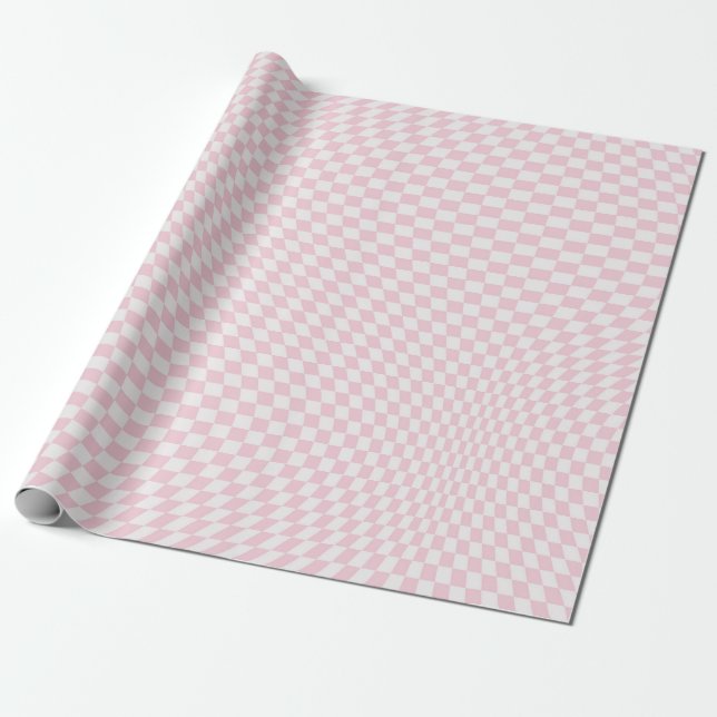 Wavy Chequered Pastel Pink Chequerboard Pattern Wrapping Paper (Unrolled)