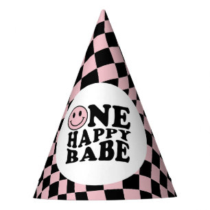 Wavy Chequered Pink Preppy Smile One Happy Babe Party Hat