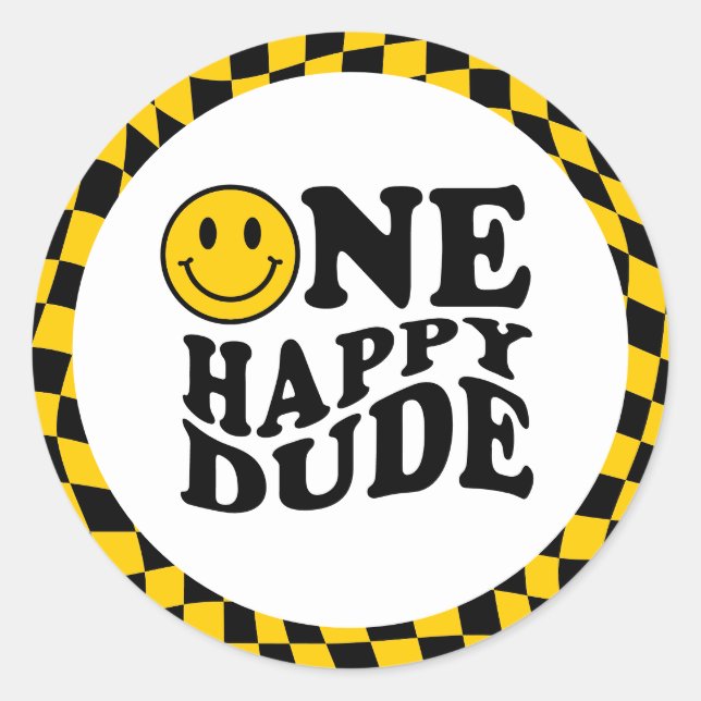 Wavy Chequered Yellow Preppy Smile One Happy Dude Classic Round Sticker (Front)