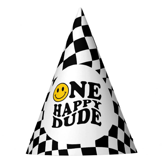 Wavy Chequered Yellow Preppy Smile One Happy Dude Party Hat (Front)