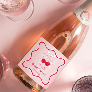 Wavy Cherry On Top Bow Bridal Shower Champagne Sparkling Wine Label