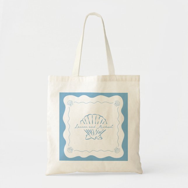 Wavy Coastal Modern Dusty Blue Wedding Welcome Tote Bag (Front)