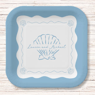 Wavy Coastal Modern Minimalist Dusty Blue Wedding Paper Plate