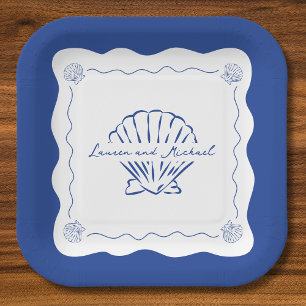 Wavy Coastal Modern Minimalist Navy Blue Wedding Paper Plate