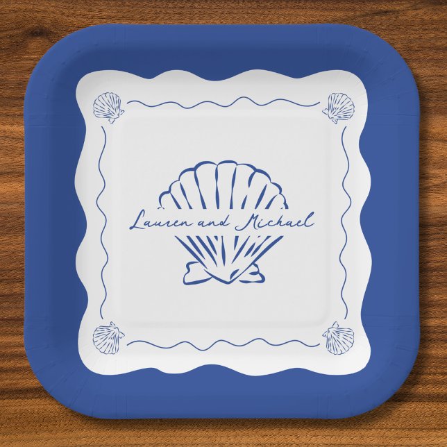 Wavy Coastal Modern Minimalist Navy Blue Wedding  Paper Plate (Creator Uploaded)