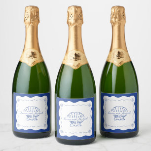 Wavy Coastal Modern Minimalist Navy Blue Wedding  Sparkling Wine Label