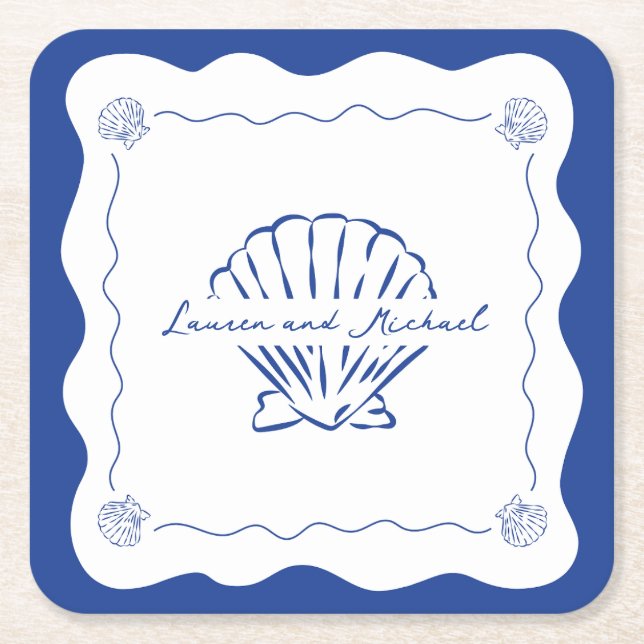 Wavy Coastal Modern Minimalist Navy Blue Wedding  Square Paper Coaster (Front)