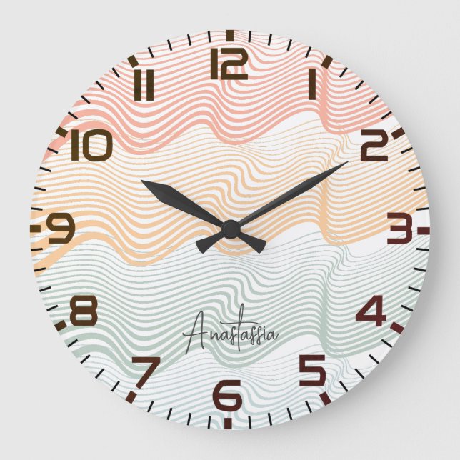 Wavy coloured stripes with your NAME | elegant Large Clock (Front)